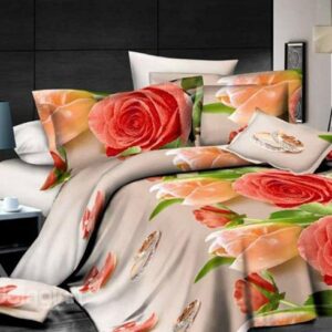 Red and Orange Floral Print Polyester 4 Pieces Duvet Cover Sets