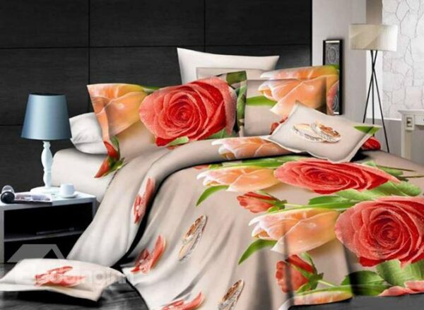 Red and Orange Floral Print Polyester 4 Pieces Duvet Cover Sets