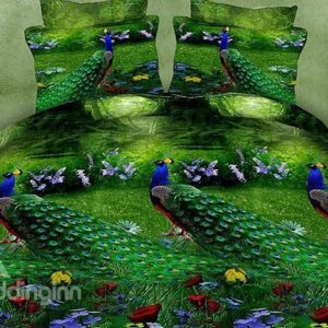 Peacocks on Green Lawn Print 4-Piece Duvet Cover Sets