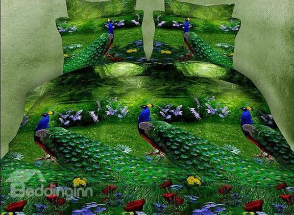 Peacocks on Green Lawn Print 4-Piece Duvet Cover Sets