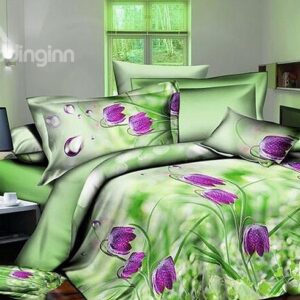 Pretty Purple Flowers Printing 4-Piece Green Duvet Cover Sets