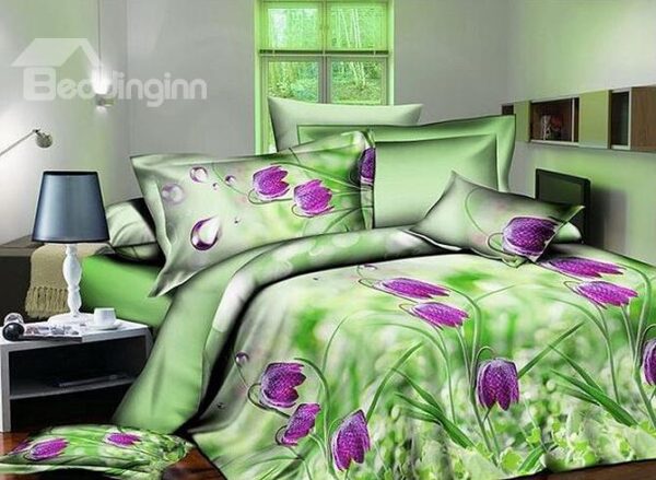 Pretty Purple Flowers Printing 4-Piece Green Duvet Cover Sets