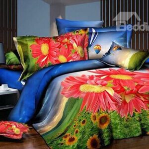 Red Daisy and Sunflowers Print 4-Piece Polyester Duvet Cover Sets