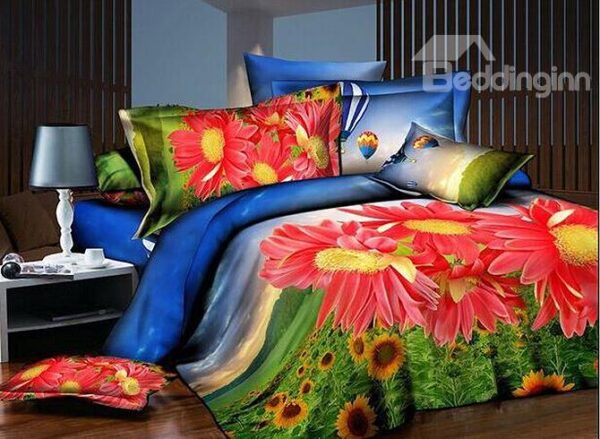 Red Daisy and Sunflowers Print 4-Piece Polyester Duvet Cover Sets