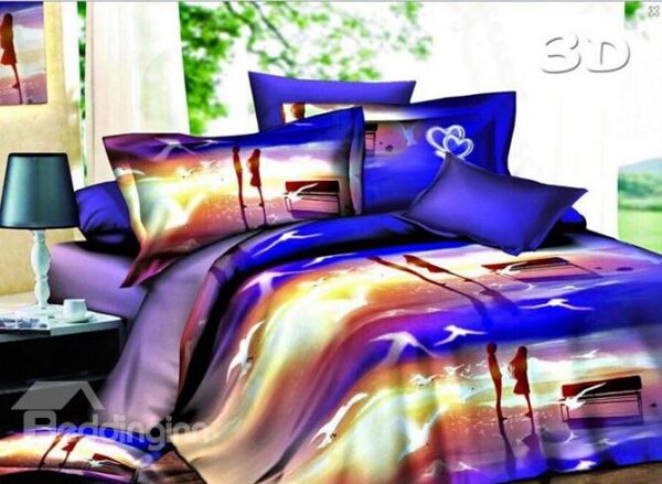 Lovers and Beach Sunset Scenery Print 4-Piece Duvet Cover Sets