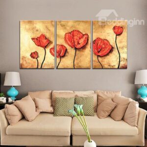 Wonderful Hand-Paint Oil Painting Red Flowers 3-Panel Frameless Wall Art Prints