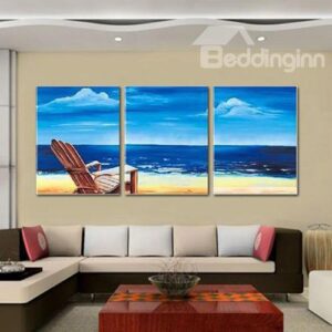 Stunning Hand-Paint Mediterranean Sea Beach 3-Panel Frameless Wall Art Prints