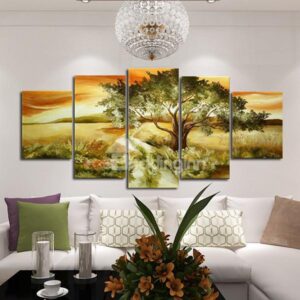 Amazing Tree in Sunset Oil Painting Frameless 5-Panel Wall Art Prints