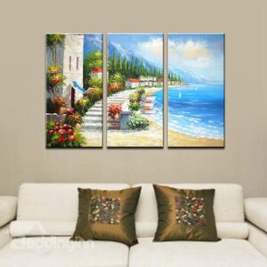 Picturesque Hand-Paint Mediterranean Beach 3-Panel Frameless Wall Art Prints