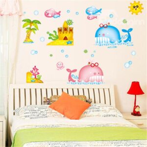 Colorful Cartoon Whale and Fishes Removable Wall Sticker
