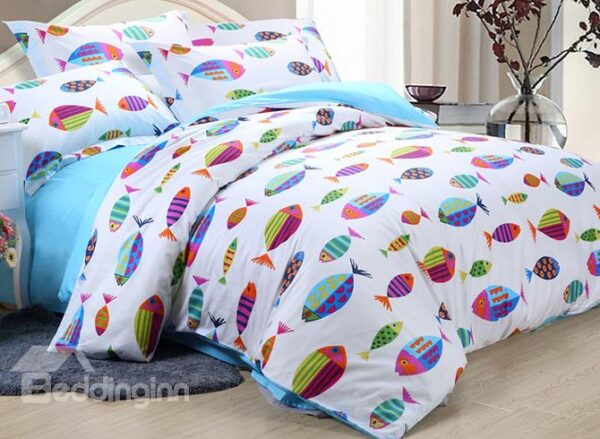 Lovely Colorful Fish Pattern Kids 100% Cotton 4-Piece Duvet Cover Sets