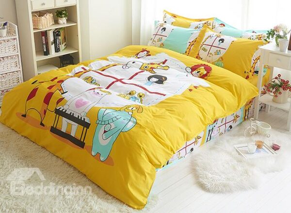Lovely Animals Print Natural Cotton Kids 4-Piece Duvet Cover Sets