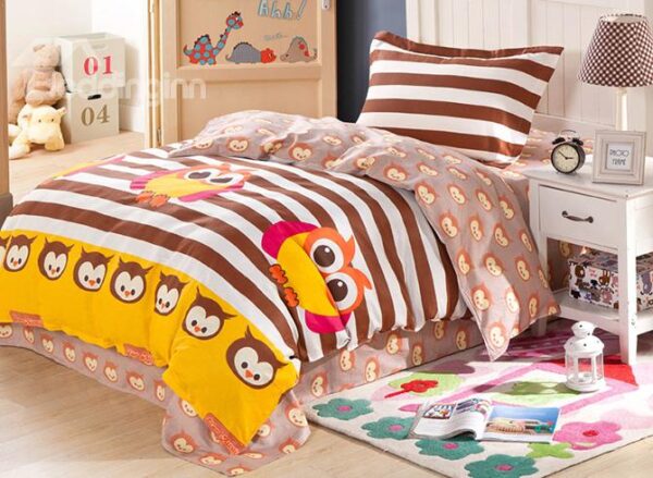 Lovely Owls and Stripes Pattern Cotton Kids 3-Piece Duvet Cover Sets