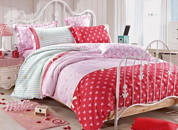 Adorable Heart Shape and Bowknot Pattern Cotton Kids 3-Piece Duvet Cover Sets