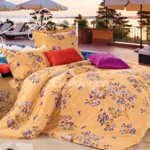 Small Blue Flowers Print Muted Apricot Colored 4-Piece Cotton Duvet Cover Sets
