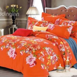 Fancy Floral Design Warm Orange Colored 4-Piece Cotton Duvet Cover Sets