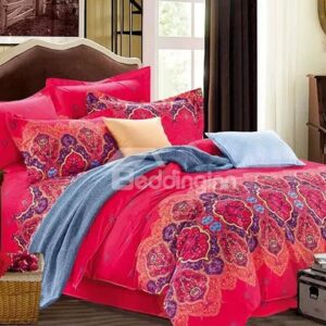Pretty Jacquard Design Bright Fiery Red 4-Piece Cotton Duvet Cover Sets