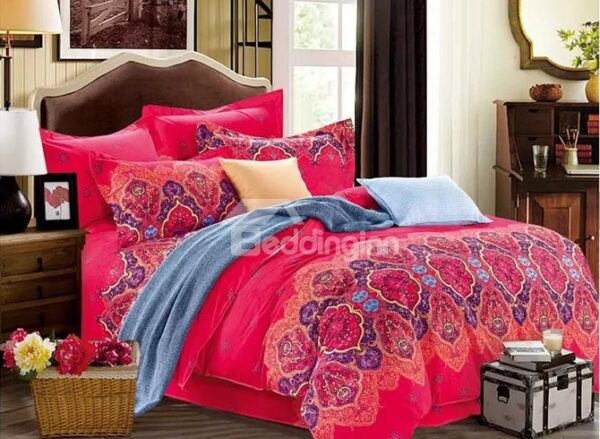 Pretty Jacquard Design Bright Fiery Red 4-Piece Cotton Duvet Cover Sets