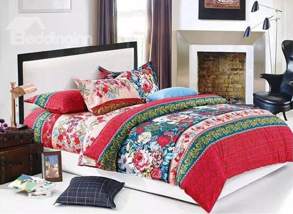 Beautiful Colorful Flowers Print Skin-care Cotton 4-Piece Duvet Cover Sets