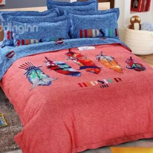 Colorful Feathers Print 4-Piece Cotton Duvet Cover Sets