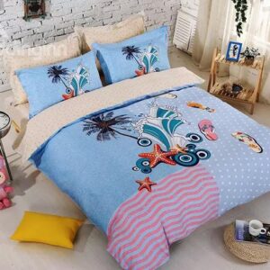 Cartoon Beach Scenery Print Blue 4-Piece Duvet Cover Sets
