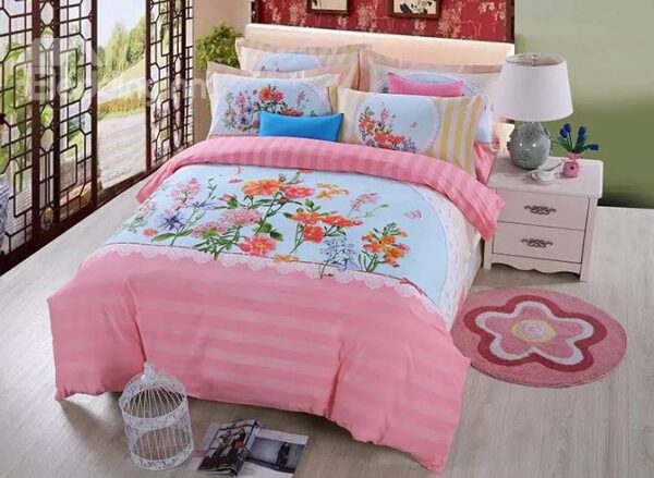 Likable Colorful Flowers and Butterfly Print Cotton 4-Piece Duvet Cover Sets