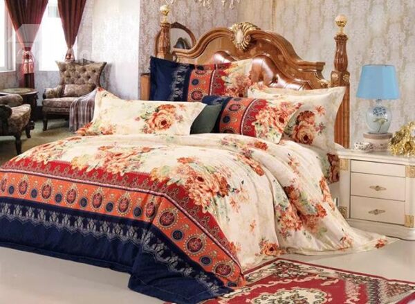 Beige Peonies Print European Style Cotton 4-Piece Duvet Cover Sets