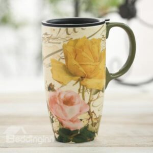 Stunning Pink and Yellow Roses Pattern Ceramic Sealed Lid Tall Coffee Mug Travel Mug