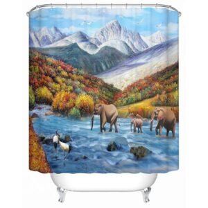 Spectacular Field View Elephant and Crane 3D Shower Curtain