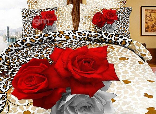 Sexy Leopard with Red Roses Print 2-Piece Pillow Cases