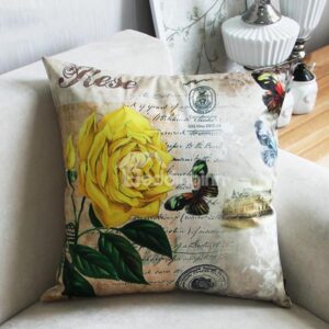 Bright Yellow Rose and Butterfly Print Throw Pillow