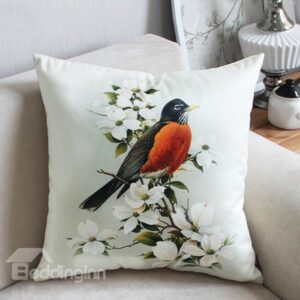 Pastoral Style Bird Standing on Magnolia Branch Print Throw Pillow