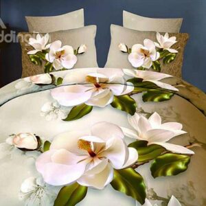 Elegant White Flowers Reactive Printing Polyester 4 Pieces Duvet Cover Sets