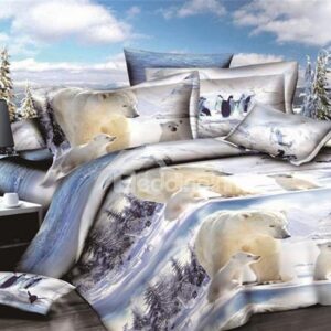 Lovely White Polar Bear Print 4-Piece Polyester Duvet Cover Sets