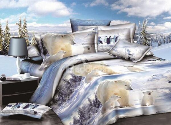 Lovely White Polar Bear Print 4-Piece Polyester Duvet Cover Sets