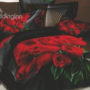 Romantic Red Roses Mysterious Black 4-Piece Cotton Duvet Cover Sets