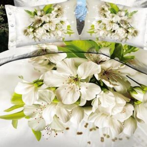 Graceful White Flowers Reactive Printing 100% Cotton 4-Piece Duvet Cover Sets