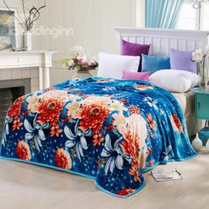 Orange Chrysanthemum Print Super Warm Blue Blanket