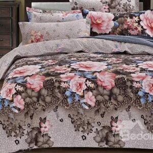 Charming Pink Flowers Reactive Printing 4-Piece Cotton Duvet Cover Sets