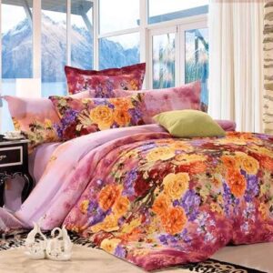Muted Yellow and Purple Flowers Print Cotton 4-Piece Duvet Cover Sets