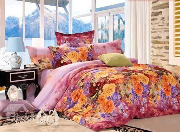 Muted Yellow and Purple Flowers Print Cotton 4-Piece Duvet Cover Sets
