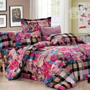 Graceful Red Flowers Gingham Plaid 4-Piece Duvet Cover Sets