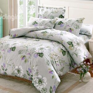 Fresh White Flowers Green Leaves Print Gray 4-Piece Cotton Duvet Cover Sets