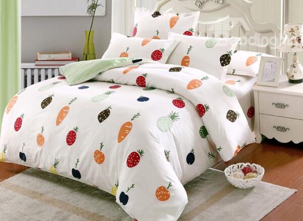 Super Cute Strawberry and Carrot Pattern Kids Cotton 4-Piece Duvet Cover Sets