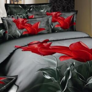 Elegant Red Tulip Print 2 Piece Cotton Pillow Cases