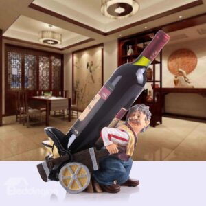 Creative Country Style Old Man Pulling Cart Resin Wine Rack