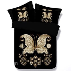 Golden Butterfly Print Black 5-Piece Comforter Sets