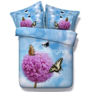 Beautiful Pink Flowers and Butterflies Print Blue 5-Piece Comforter Sets