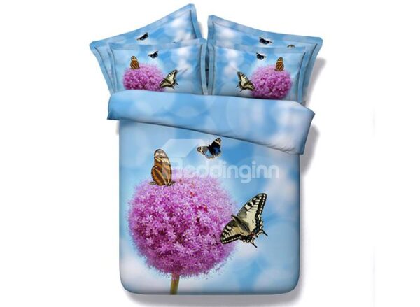 Beautiful Pink Flowers and Butterflies Print Blue 5-Piece Comforter Sets