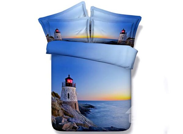 Lighthouse Sea Twilight Scenery Print Blue 5-Piece Comforter Sets